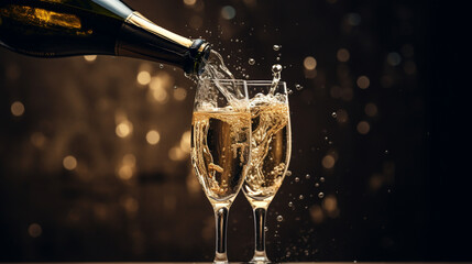 Coupes de champagne et bouteille, célébration et fête. Ambiance festive, nouvel an, anniversaire. Pour conception et création graphique. - obrazy, fototapety, plakaty