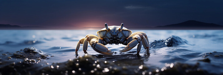crab on the beach, its shell glistening as though reflecting the moonlight - obrazy, fototapety, plakaty