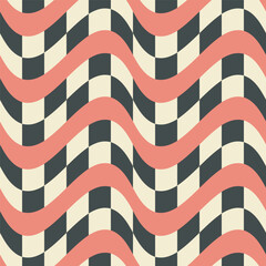 Checkered wave line abstract seamless pattern swatch. Decorative geometrical grid. Black white, red vintage colours palette. Graphical ornamental background