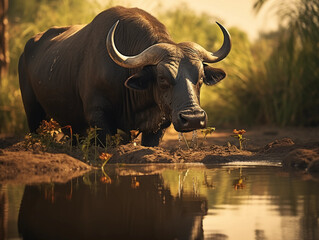 African buffalo drinking water, reflection in waterhole, lush greenery, birds on buffalo's back