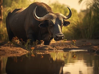 Photo sur Plexiglas Buffle African buffalo drinking water, reflection in waterhole, lush greenery, birds on buffalo's back