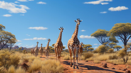 giraffe herd, walking towards waterhole, cloudless blue sky, soft shadow