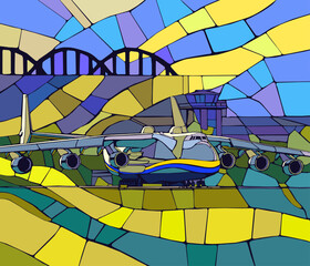 Kyiv, Ukraine. View  with plane. Cargy aircraft, vector graphic, illustration create by artist.