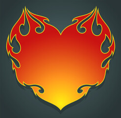 Fire heart, flame emblem, heart shaped background element, isolated vector illustration