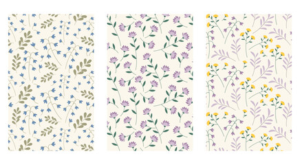 Set of floral patterns in flat style. Vector wallpaper with flowers. Pastel shades.