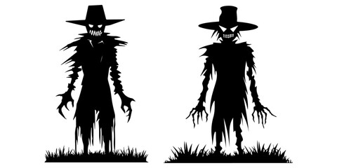 Creepy Vector of Halloween Scarecrow: Isolated Black Icon Set, Collection of Scary Garden Scarecrow
