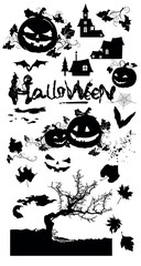 Vector set black holiday silhouettes with the inscription Halloween. Funny and scary pumpkins, bats, ghosts, Halloween calligraphy, letters, spider, haunted house, witch house