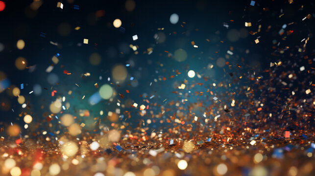 Particules et confettis scintillants et brillants volant sur fond sombre et bleu. Paillettes dor&eacute;es et color&eacute;es. Fond pour banni&egrave;re, cr&eacute;ation graphique.