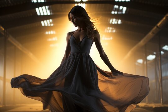 Dynamic shot of a woman dancing freely in an empty industrial space, where a spotlight casts dramatic long shadows that amplify her expressive movements.
