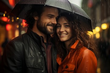 A couple cozily shares an umbrella as raindrops splatter around them, setting a romantic scene against an urban backdrop, epitomizing love in the city's heartbeat.