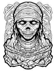 halloween mummy, coloring book anime style
