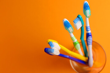 Different toothbrushes on a colored background. Dental care, oral health.