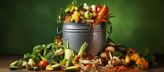 Mixed expired vegetables in large container with organic bio waste in rubbish bin Pile of vegetable compost or animal food with copyspace for text