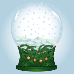 globe decorated christmas tree in the snow,christmas tree branch, christmas balls, snow falls, toys, gifts, fir tree, snow globe