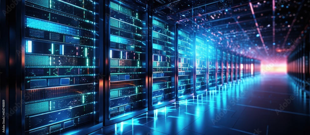 Poster visualization of server racks in a dark room with vfx representing iot data flow and digitalization 