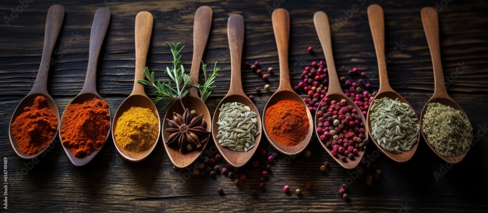 Poster various colorful spices displayed on a wooden table using spoons with copyspace for text