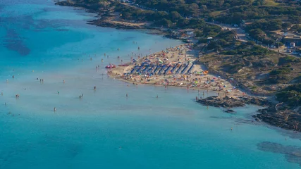 Papier peint Plage de La Pelosa, Sardaigne, Italie Aerial view of La Pelosa beach at sunny summer day. Stintino, Sardinia island, Italy. Drone view of sandy beach, playing people, clear blue sea.