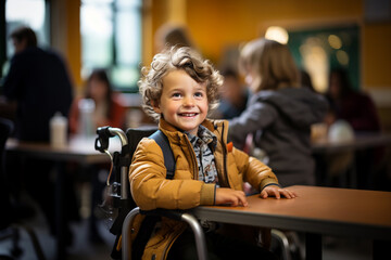 Portrait of young disabled boy in wheelchair smiling in school class room. Lifestyle of special child, life in the education elementary school age of kid, happy disability kid concept.