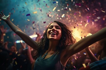 Obraz premium A woman having fun at a celebration against the backdrop of confetti fireworks