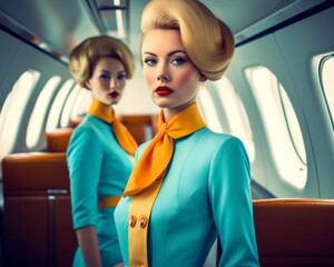 Portrait of female blonde beautiful stewardess in private airplane. Modern blue yellow clothes.