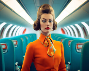 Calm lovely stylish stewardess in orange color uniform posing in airplane.