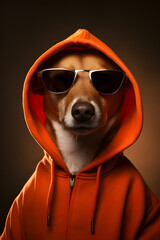 Perro rapero con capucha roja