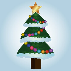 decorated christmas tree in the snow,christmas tree branch, christmas balls, snow falls, star at the top of the tree, the star is burning on the tree,