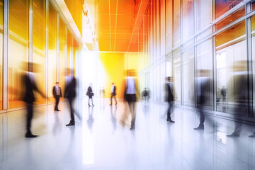 Hurry business people silhouettes walking during rush hour in their workplace - Motion blur effect and long exposure abstract photography