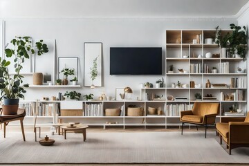 a Scandinavian living room with open shelving for displaying decor and collectibles