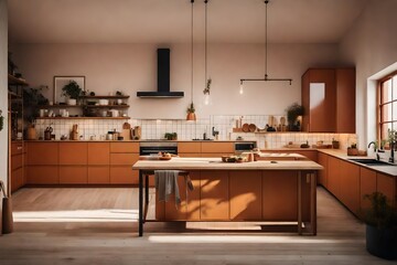 a warm Scandinavian kitchen with terracotta or earthy tones