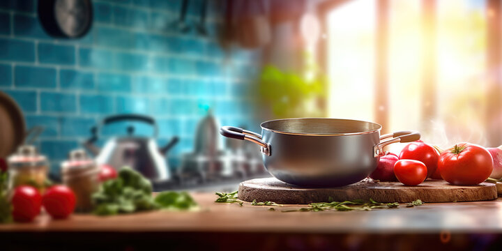 Pot and tomatoes on table, kitchen and window blurred background