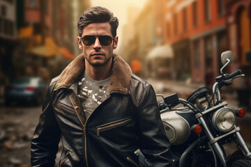 Motorcyclist in sunglasses against the background of the street with a motorcycle - obrazy, fototapety, plakaty