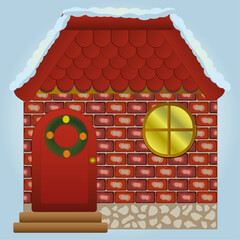 the cabin in winter, garlands , snow on the roof