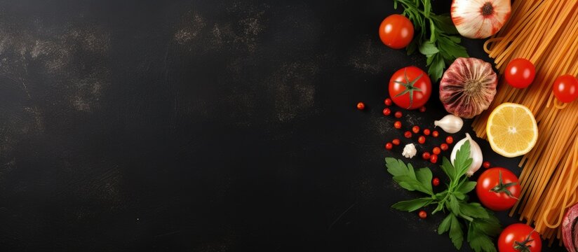 Italian pasta ingredients on black stone slate background Copy space banner with copyspace for text