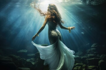 Full body shot of a mermaid underwater. - obrazy, fototapety, plakaty