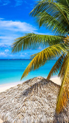 Seven Mile Beach in Grand Cayman, Cayman Islands, Features azure blue sky, crystal-clear waters,...