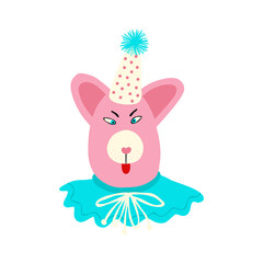 lovely cute pink teddy bear with oblique eyes, in a cone-shaped hat for birthday celebration