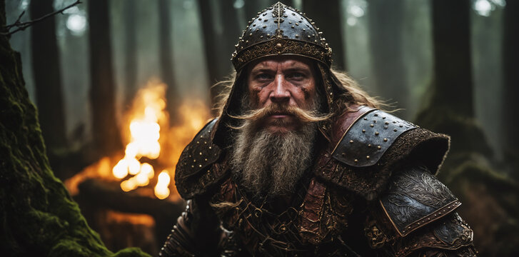 A fierce dwarf warrior with a wild, enraged expression in the woods, clad in leather armor, ready for battle..