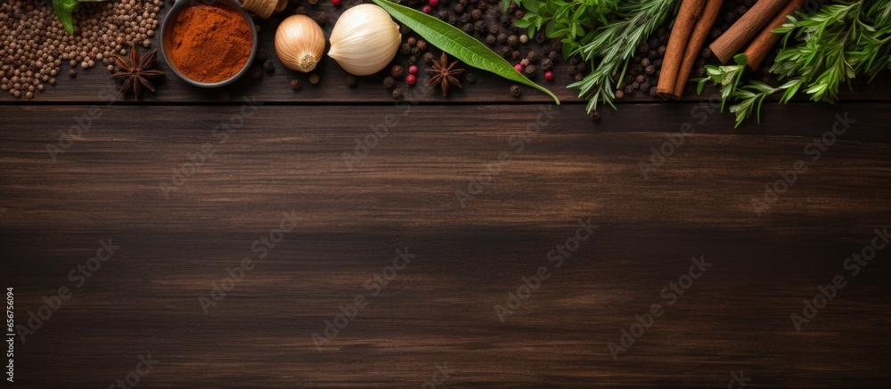 Poster top view of various herbs and spices on a wooden background with space for text with copyspace for t
