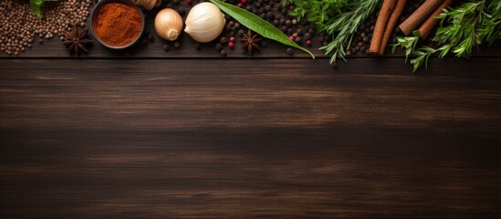 Top view of various herbs and spices on a wooden background with space for text with copyspace for text