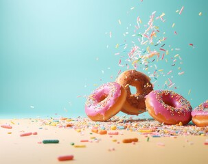 Delectable Assortment of Donuts with Rainbow Sprinkles on a Vibrant Blue Backdrop