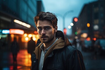 Fototapeta premium A man against the background of a rainy street with lights