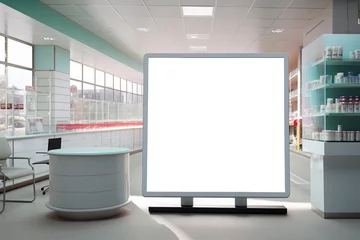 Rolgordijnen Mock up of blank advertising light box or showcase billboard for medicine at Pharmacy © liliya