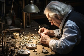 A watchmaker at work at his desk.