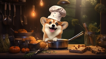 dog wearing chef uniform in the kitchen with vegetables. ai generative - obrazy, fototapety, plakaty