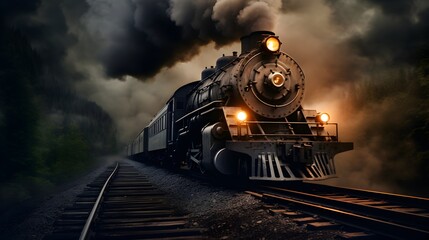 antique steam locomotive, vintage train, sunset and forest, screensaver for your computer and phone desktop, dark background - obrazy, fototapety, plakaty