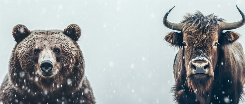 Bear and bull while a heavy snowfall in winter. Financial and business abstract background. traders concept. wide banner, digital ai	