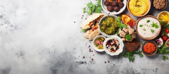 Assorted Middle Eastern and Arabic food on a rustic background including kebab falafel hummus rice...