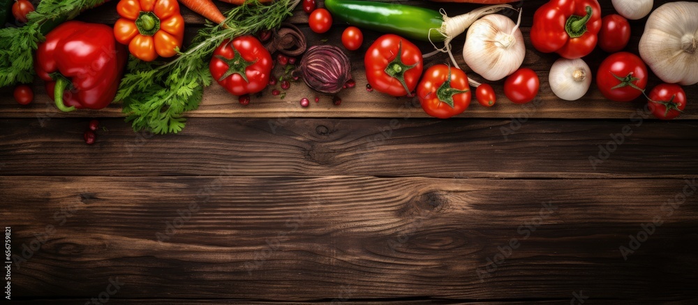 Poster vegetables on a wooden background with abstract design with copyspace for text