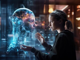 Woman interacting with an A.I android virtual avatar